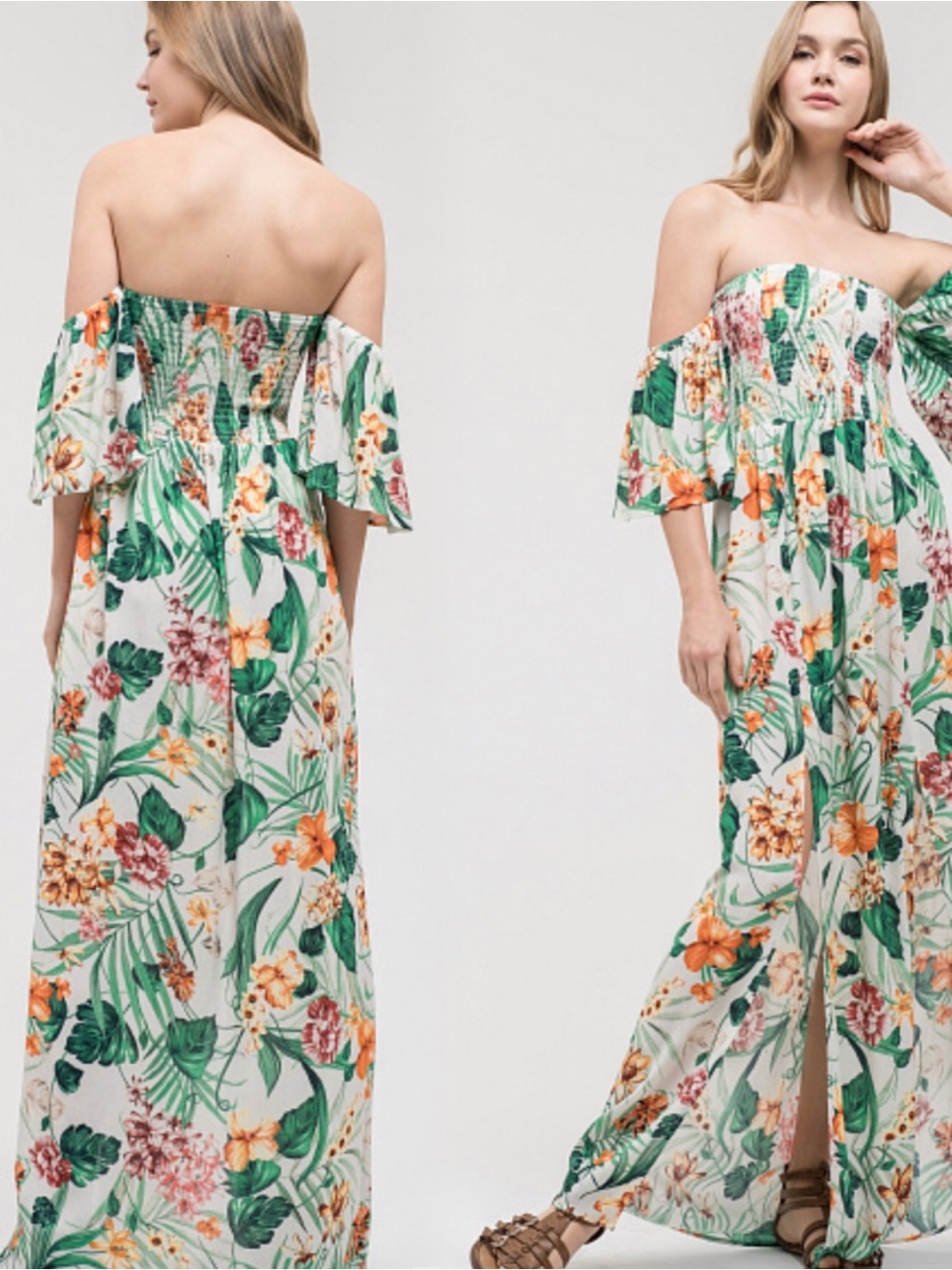 Off-Shoulder Floral Maxi Dress in White and Green